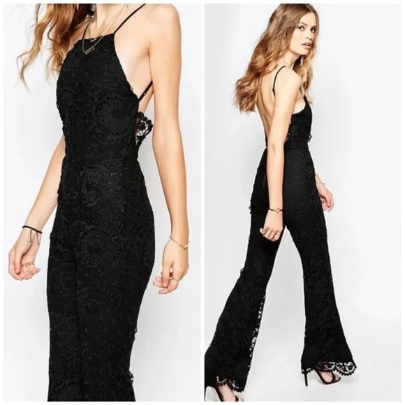 💘 STONE COLD FOX BACKLESS LACE JUMPSUIT FREE PEOPLE BRIDAL BLACK ARE YOU AM I - Picture 3 of 11